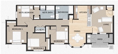 Floor plan for 4 beds, 2 baths, 1401 sqft